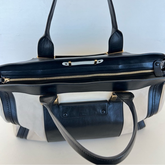 CHLOE Alicia Black Cream Leather Gold Hardware Extra Large Duffel Tote Satchel - Picture 10 of 16